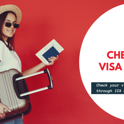 A smiling woman holding a passport and suitcase standing against a red background with the text “Check UAE Visa Status"
