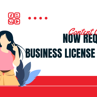 llustration of a female content creator holding a camera, with text stating “Content Creators Now Require a Business License in UAE” — highlighting the new UAE regulation for monetized online content.