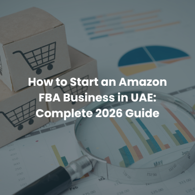 Entrepreneur starting an Amazon FBA business in UAE with e-commerce license, company registration, inventory management, and online selling strategy.