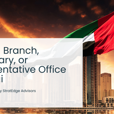 UAE flag waving in front of Dubai Marina skyline at sunset, with overlay text promoting setup of branch, subsidiary, or representative office in Dubai by StratEdge Advisors.